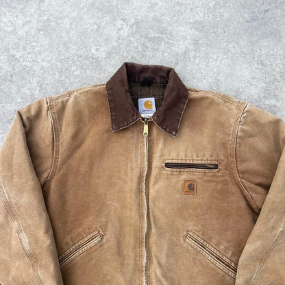 Pre-Owned Vintage Carhartt Faded Sand / Brown / Beige Detroit Jacket, With Fleece Tartan Lining Medium