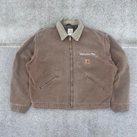 Pre-Owned Vintage Carhartt Faded Light Brown / Beige Detroit Jacket, With Fleece Tartan Lining XL / XXL