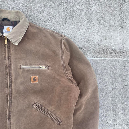 Pre-Owned Vintage Carhartt Faded Light Brown / Beige Detroit Jacket, With Fleece Tartan Lining XL / XXL