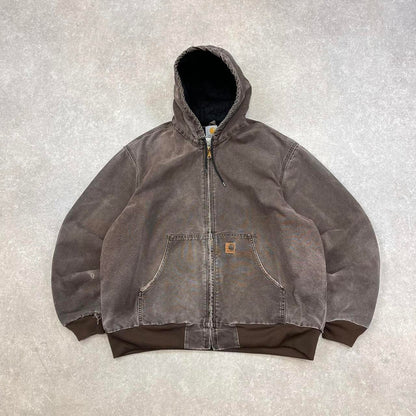 Pre-Owned Brown Carhartt hooded jacket Loose workwear jacket with mesh lining, leather patch logo 2XL