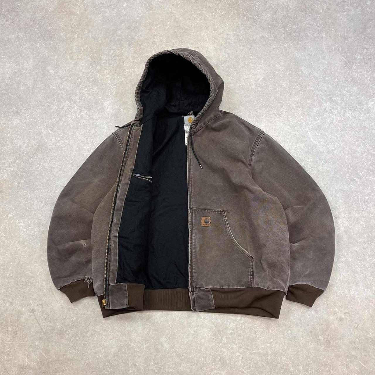 Pre-Owned Brown Carhartt hooded jacket Loose workwear jacket with mesh lining, leather patch logo 2XL