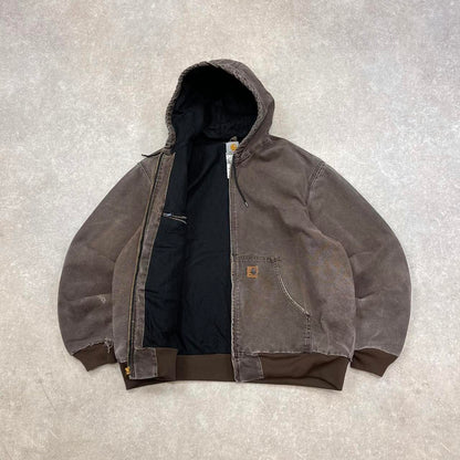 Pre-Owned Brown Carhartt hooded jacket Loose workwear jacket with mesh lining, leather patch logo 2XL