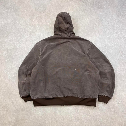 Pre-Owned Brown Carhartt hooded jacket Loose workwear jacket with mesh lining, leather patch logo 2XL