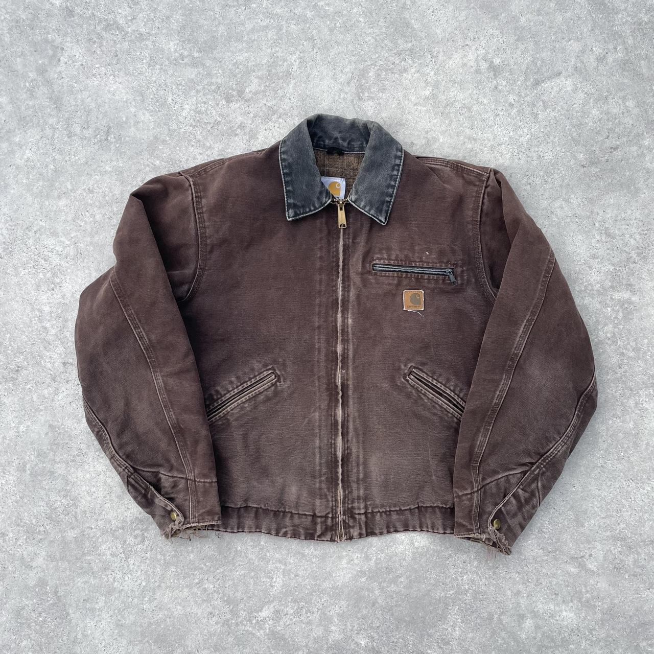 Pre-Owned Vintage Carhartt Faded Brown & Black Detroit Jacket, With Fleece Tartan Lining Large