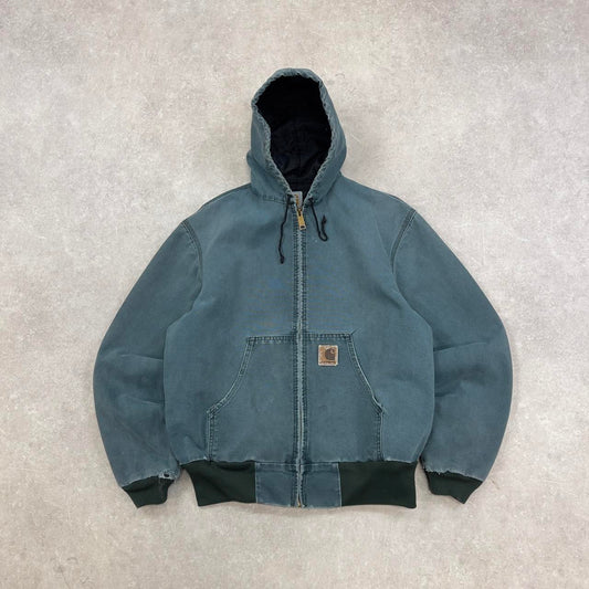 Pre-Owned Turquoise Carhartt hooded jacket with nylon lining and leather patch logo Medium