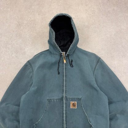 Pre-Owned Turquoise Carhartt hooded jacket with nylon lining and leather patch logo Medium