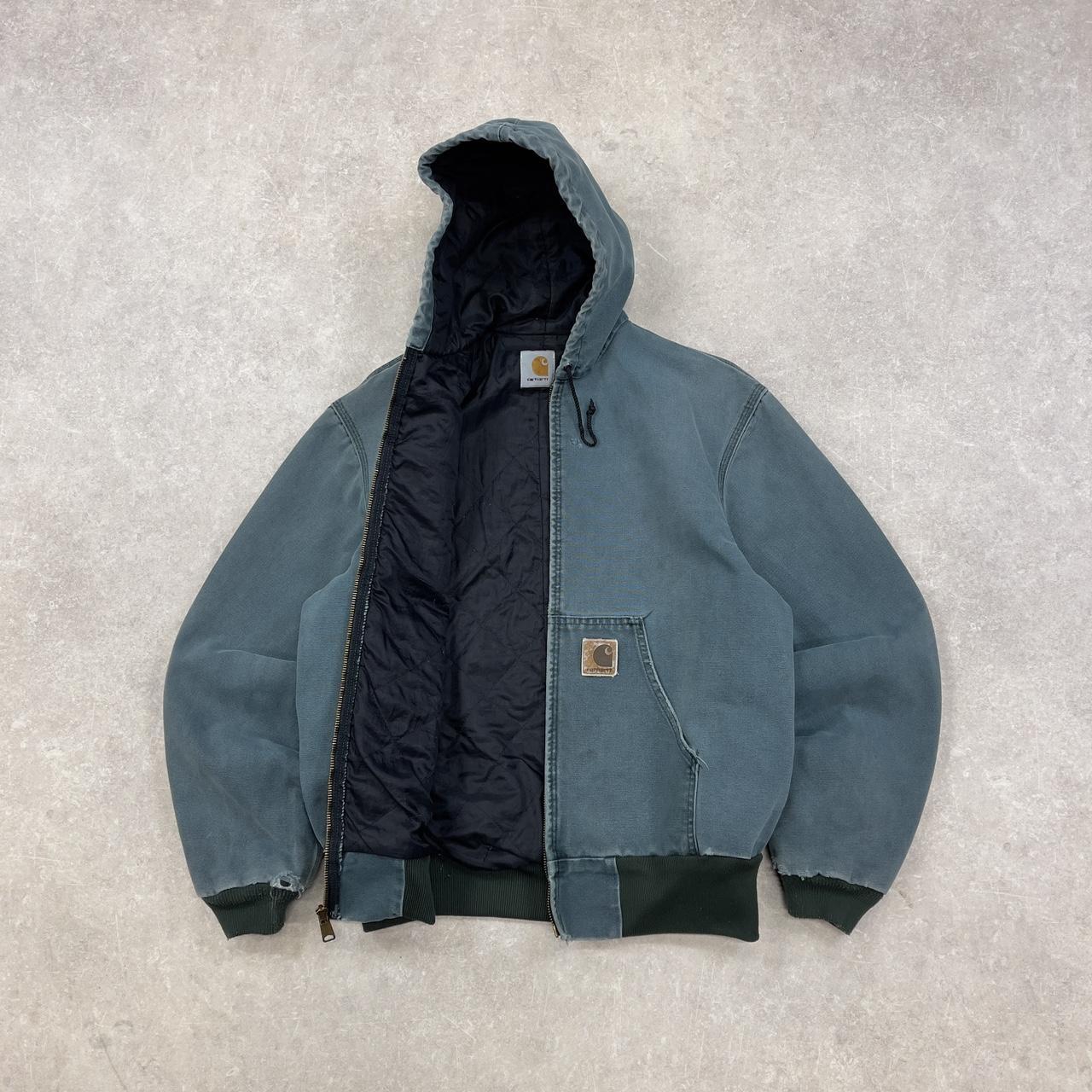 Pre-Owned Turquoise Carhartt hooded jacket with nylon lining and leather patch logo Medium