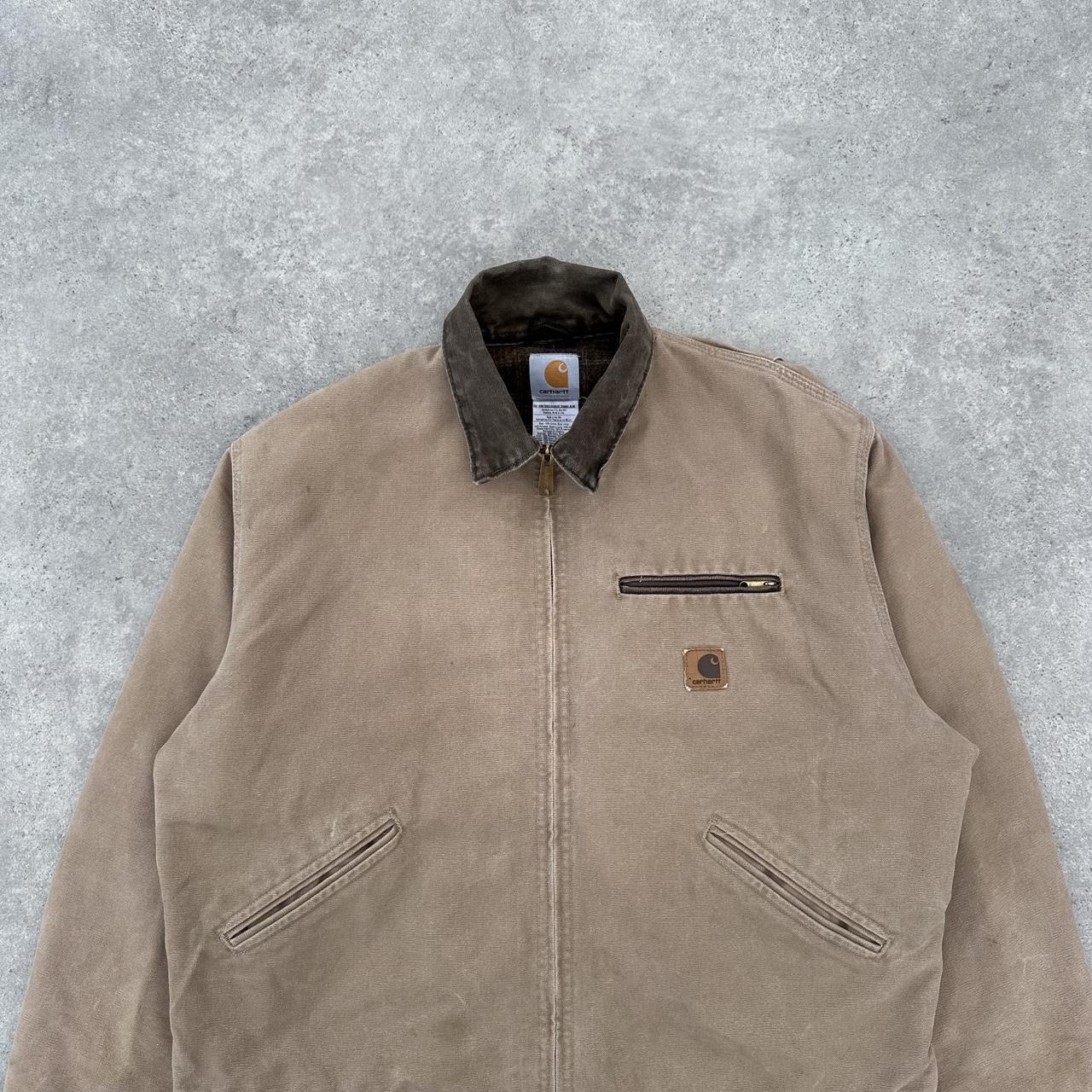 Pre-Owned Vintage Carhartt Faded Sandalwood Cream Beige Detroit Jacket, With Fleece Tartan Lining Large