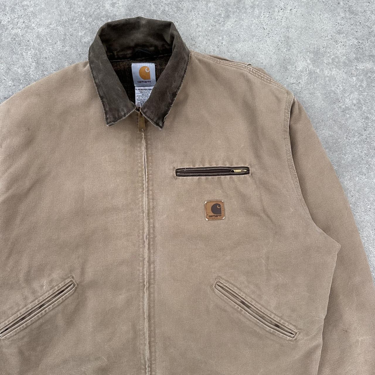 Pre-Owned Vintage Carhartt Faded Sandalwood Cream Beige Detroit Jacket, With Fleece Tartan Lining Large