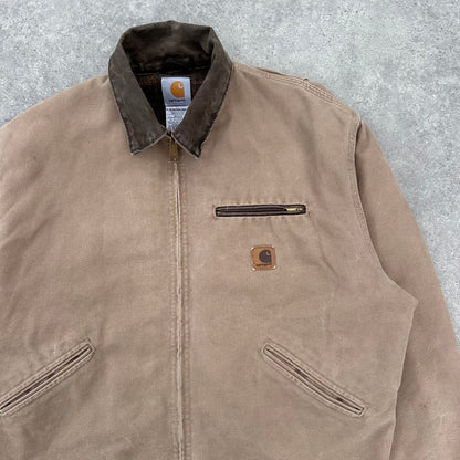 Pre-Owned Vintage Carhartt Faded Sandalwood Cream Beige Detroit Jacket, With Fleece Tartan Lining Large