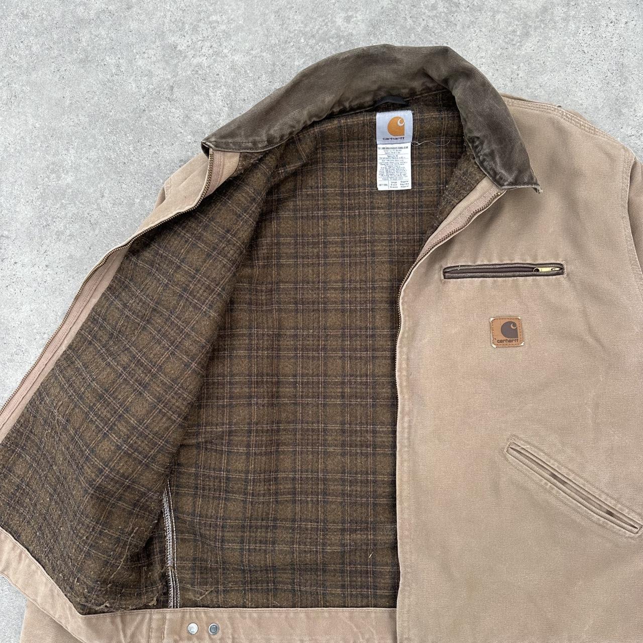 Pre-Owned Vintage Carhartt Faded Sandalwood Cream Beige Detroit Jacket, With Fleece Tartan Lining Large