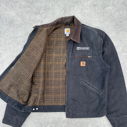 Pre-Owned Vintage Carhartt Faded Black Detroit Jacket, With Fleece Tartan Lining Large