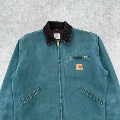 Pre-Owned Vintage Carhartt Faded Hunter Green J43 HTG Detroit Jacket, With Fleece Tartan Lining Medium