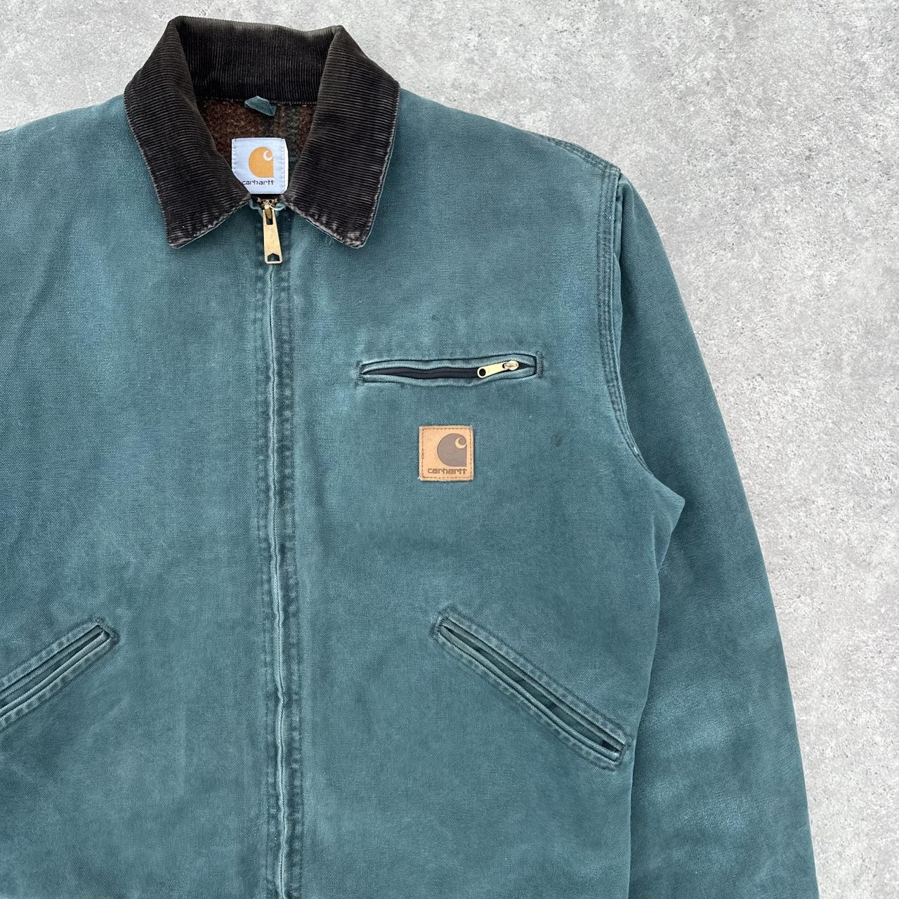 Pre-Owned Vintage Carhartt Faded Hunter Green J43 HTG Detroit Jacket, With Fleece Tartan Lining Medium